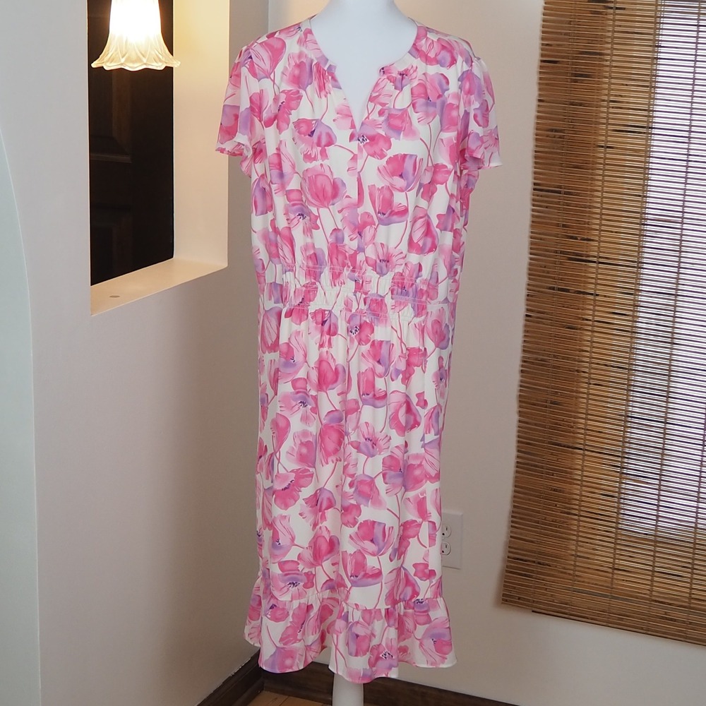 Talbots Spring Poppies Pink Floral Dress Women's Size 16 Romantic Flutter Art